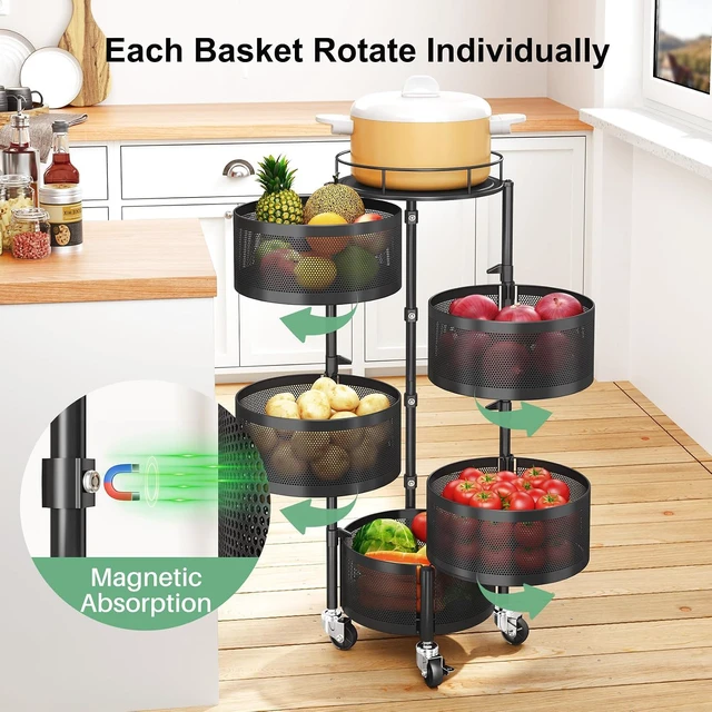 Alt view image 2 of 7 - 5-Tier Rotating Fruit Vegetable Basket Stand, Metal Wire Storage Cart with Lockable Wheels, Hollow Breathable Produce Organizer, Freestanding Multifunctional Rack for Kitchen Pantry, Black