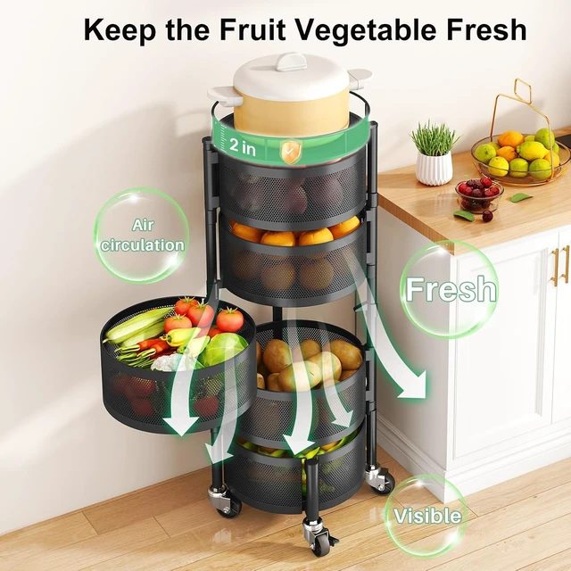 Alt view image 3 of 7 - 5-Tier Rotating Fruit Vegetable Basket Stand, Metal Wire Storage Cart with Lockable Wheels, Hollow Breathable Produce Organizer, Freestanding Multifunctional Rack for Kitchen Pantry, Black