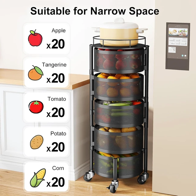 Alt view image 4 of 7 - 5-Tier Rotating Fruit Vegetable Basket Stand, Metal Wire Storage Cart with Lockable Wheels, Hollow Breathable Produce Organizer, Freestanding Multifunctional Rack for Kitchen Pantry, Black