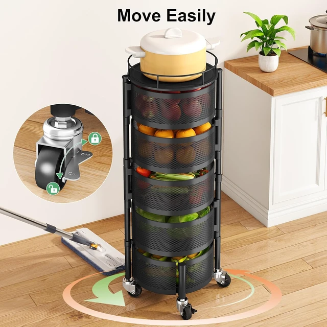 Alt view image 5 of 7 - 5-Tier Rotating Fruit Vegetable Basket Stand, Metal Wire Storage Cart with Lockable Wheels, Hollow Breathable Produce Organizer, Freestanding Multifunctional Rack for Kitchen Pantry, Black