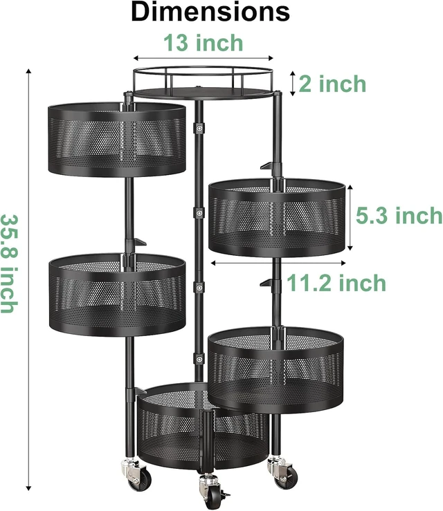 Alt view image 6 of 7 - 5-Tier Rotating Fruit Vegetable Basket Stand, Metal Wire Storage Cart with Lockable Wheels, Hollow Breathable Produce Organizer, Freestanding Multifunctional Rack for Kitchen Pantry, Black