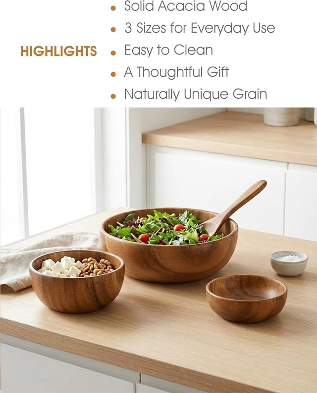 Alt view image 2 of 7 - 3Piece Acacia Wood Salad Bowl Set, 5.1"6.3" 8.6" OnePiece Carved Serving Bowls, HandPolished Natural Grain Bowls for Salad Fruit Pasta, Housewarming Table Decor