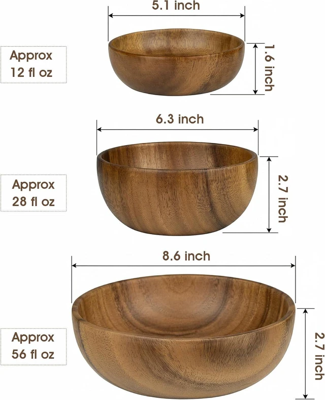 Alt view image 4 of 7 - 3Piece Acacia Wood Salad Bowl Set, 5.1"6.3" 8.6" OnePiece Carved Serving Bowls, HandPolished Natural Grain Bowls for Salad Fruit Pasta, Housewarming Table Decor
