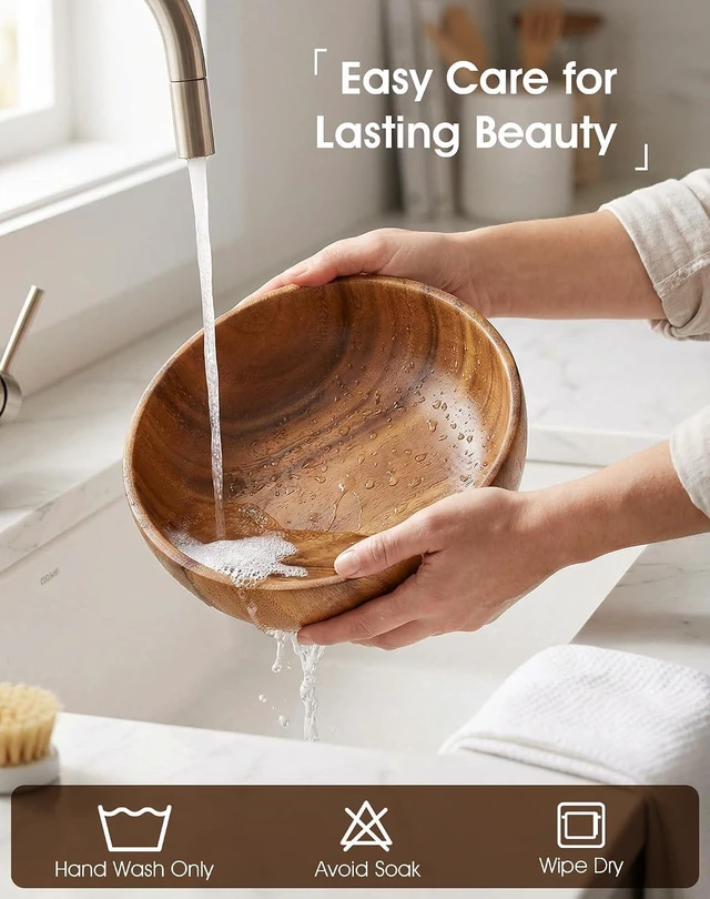Alt view image 6 of 7 - 3Piece Acacia Wood Salad Bowl Set, 5.1"6.3" 8.6" OnePiece Carved Serving Bowls, HandPolished Natural Grain Bowls for Salad Fruit Pasta, Housewarming Table Decor