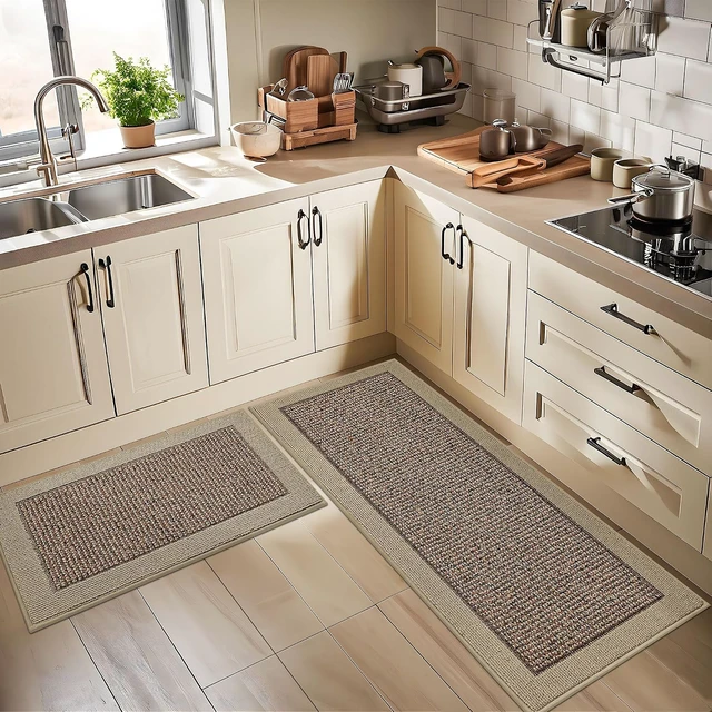 Alt view image 7 of 7 - 2-Piece Washable Kitchen Rugs Set, Non Slip Absorbent Kitchen Floor Mats, Stain Resistant Polypropylene Runner Rugs, 24"x36"+24"x60" Taupe Floor Mats for Kitchen Home Decor