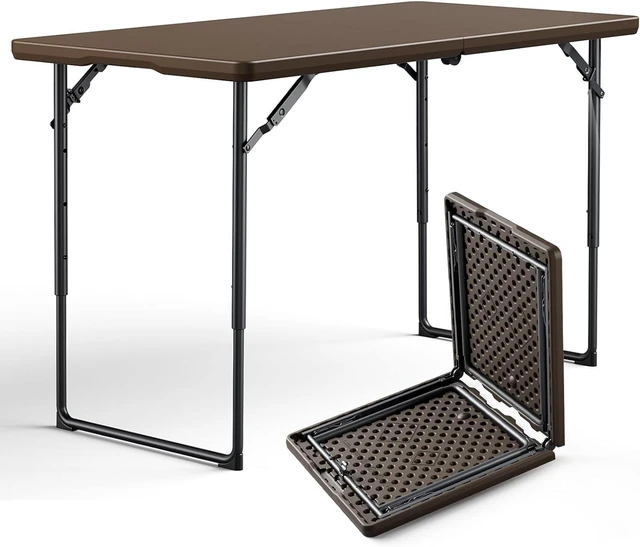 Main image of 4FT Heavy Duty Fold-in-Half Plastic Folding Table with Handle, Adjustable Height Portable Utility Table for Indoor/Outdoor Dining, Party, Camping, Picnic, Wedding, Brown