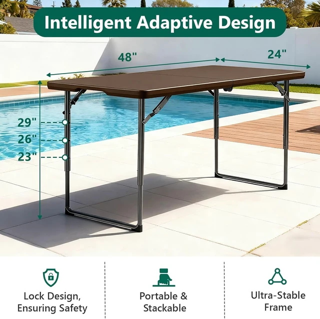 Alt view image 2 of 7 - 4FT Heavy Duty Fold-in-Half Plastic Folding Table with Handle, Adjustable Height Portable Utility Table for Indoor/Outdoor Dining, Party, Camping, Picnic, Wedding, Brown