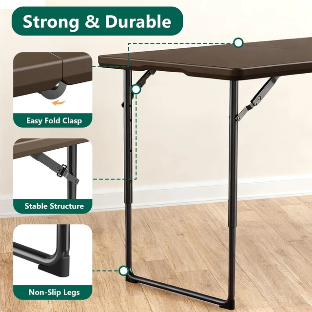 Alt view image 3 of 7 - 4FT Heavy Duty Fold-in-Half Plastic Folding Table with Handle, Adjustable Height Portable Utility Table for Indoor/Outdoor Dining, Party, Camping, Picnic, Wedding, Brown
