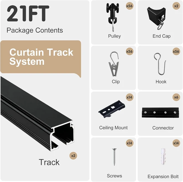 Alt view image 5 of 6 - HeavyDuty Aluminum Alloy Ceiling Curtain Track System, Wall & Ceiling Mount Sliding Rail with Clips Hooks, CuttoSize Room Divider, Black, 18ft21ft for Bedroom Living Room Shower Outdoor