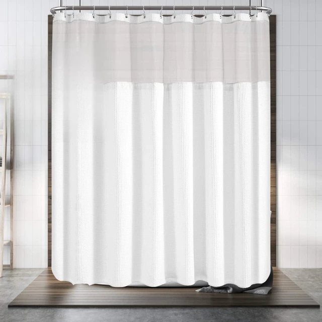 Main image of Honeycomb Waffle Weave Shower Curtain with Snapin Fabric Liner for Clawfoot Tub, Mesh Window Top, Washable Wrap Around Curtain, 180W x 70H, White Cotton Blend