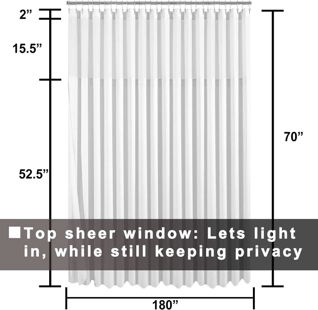 Alt view image 5 of 5 - Honeycomb Waffle Weave Shower Curtain with Snapin Fabric Liner for Clawfoot Tub, Mesh Window Top, Washable Wrap Around Curtain, 180W x 70H, White Cotton Blend