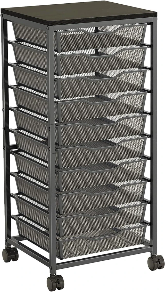 Main image of 10-Drawer Mesh Rolling Storage Cart, Heavy Duty Metal Frame Organizer with Wooden Top and Lockable Wheels, 12x12 Inch Large Drawer Mobile Utility Cart for Craft Art Bathroom Classroom Office, Black