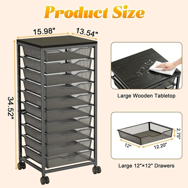 Alt view image 3 of 7 - 10-Drawer Mesh Rolling Storage Cart, Heavy Duty Metal Frame Organizer with Wooden Top and Lockable Wheels, 12x12 Inch Large Drawer Mobile Utility Cart for Craft Art Bathroom Classroom Office, Black