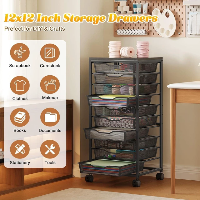 Alt view image 4 of 7 - 10-Drawer Mesh Rolling Storage Cart, Heavy Duty Metal Frame Organizer with Wooden Top and Lockable Wheels, 12x12 Inch Large Drawer Mobile Utility Cart for Craft Art Bathroom Classroom Office, Black