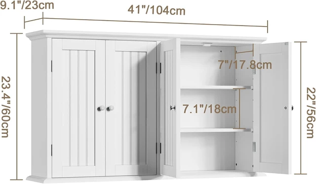 Alt view image 3 of 7 - 4-Door Wall Mount Storage Cabinet with Adjustable Shelves, Water Resistant MDF Hanging Cupboard, Modern Multipurpose Organizer for Bathroom Laundry Room Kitchen Entryway, White, 40.9"W x 24"H x 9.06"D