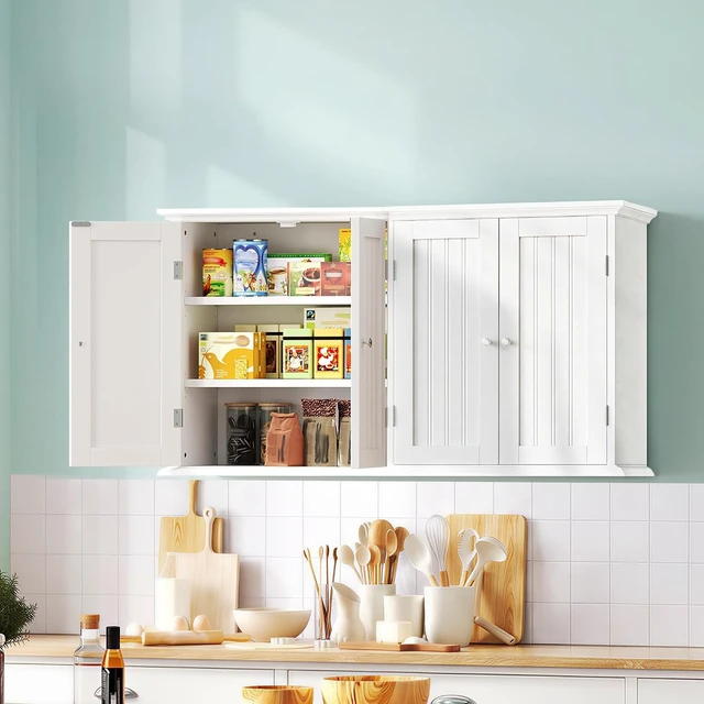 Alt view image 2 of 7 - 4-Door Wall Mount Storage Cabinet with Adjustable Shelves, Water Resistant MDF Hanging Cupboard, Modern Multipurpose Organizer for Bathroom Laundry Room Kitchen Entryway, White, 40.9"W x 24"H x 9.06"D