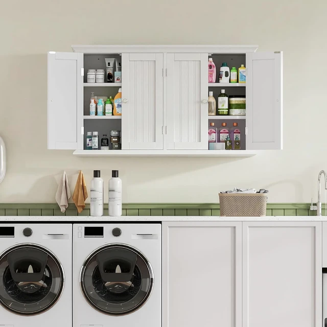Alt view image 4 of 7 - 4-Door Wall Mount Storage Cabinet with Adjustable Shelves, Water Resistant MDF Hanging Cupboard, Modern Multipurpose Organizer for Bathroom Laundry Room Kitchen Entryway, White, 40.9"W x 24"H x 9.06"D