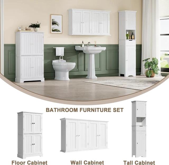 Alt view image 5 of 7 - 4-Door Wall Mount Storage Cabinet with Adjustable Shelves, Water Resistant MDF Hanging Cupboard, Modern Multipurpose Organizer for Bathroom Laundry Room Kitchen Entryway, White, 40.9"W x 24"H x 9.06"D