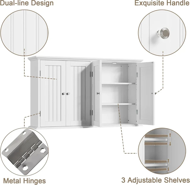 Alt view image 6 of 7 - 4-Door Wall Mount Storage Cabinet with Adjustable Shelves, Water Resistant MDF Hanging Cupboard, Modern Multipurpose Organizer for Bathroom Laundry Room Kitchen Entryway, White, 40.9"W x 24"H x 9.06"D