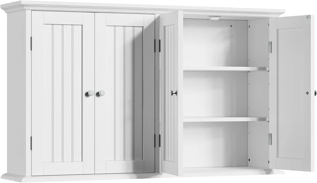 Alt view image 7 of 7 - 4-Door Wall Mount Storage Cabinet with Adjustable Shelves, Water Resistant MDF Hanging Cupboard, Modern Multipurpose Organizer for Bathroom Laundry Room Kitchen Entryway, White, 40.9"W x 24"H x 9.06"D