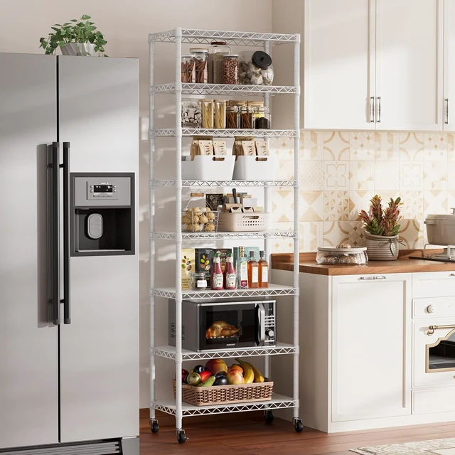 Alt view image 2 of 7 - 8-Tier Adjustable Wire Storage Shelving Unit with Wheels, Rustproof Steel Mesh Organizer Rack, Tool-Free Assembly Utility Shelf for Bathroom Kitchen Laundry Garage Office, 12x22x74 Inch