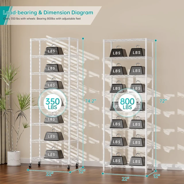 Alt view image 3 of 7 - 8-Tier Adjustable Wire Storage Shelving Unit with Wheels, Rustproof Steel Mesh Organizer Rack, Tool-Free Assembly Utility Shelf for Bathroom Kitchen Laundry Garage Office, 12x22x74 Inch