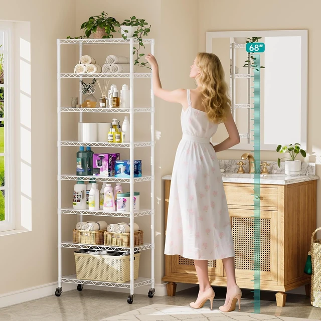 Alt view image 4 of 7 - 8-Tier Adjustable Wire Storage Shelving Unit with Wheels, Rustproof Steel Mesh Organizer Rack, Tool-Free Assembly Utility Shelf for Bathroom Kitchen Laundry Garage Office, 12x22x74 Inch