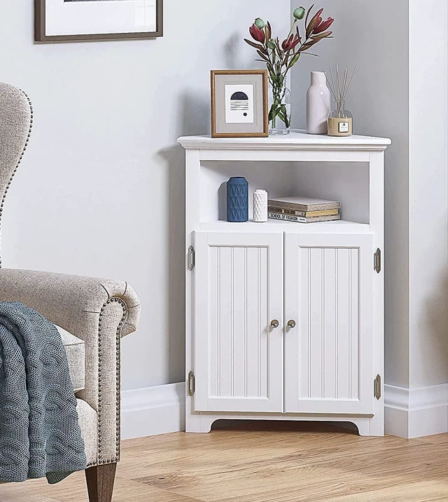 Main image of White Triangular Corner Storage Cabinet, Freestanding Wooden Organizer with Adjustable Shelf, Double Doors and Open Shelf, Space-Saving Cabinet for Bathroom Kitchen Living Room Laundry Small Spaces