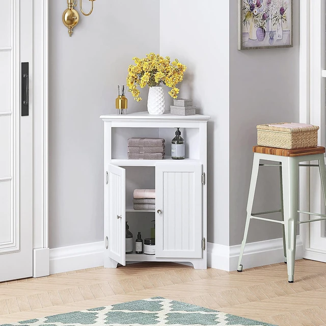 Alt view image 3 of 6 - White Triangular Corner Storage Cabinet, Freestanding Wooden Organizer with Adjustable Shelf, Double Doors and Open Shelf, Space-Saving Cabinet for Bathroom Kitchen Living Room Laundry Small Spaces