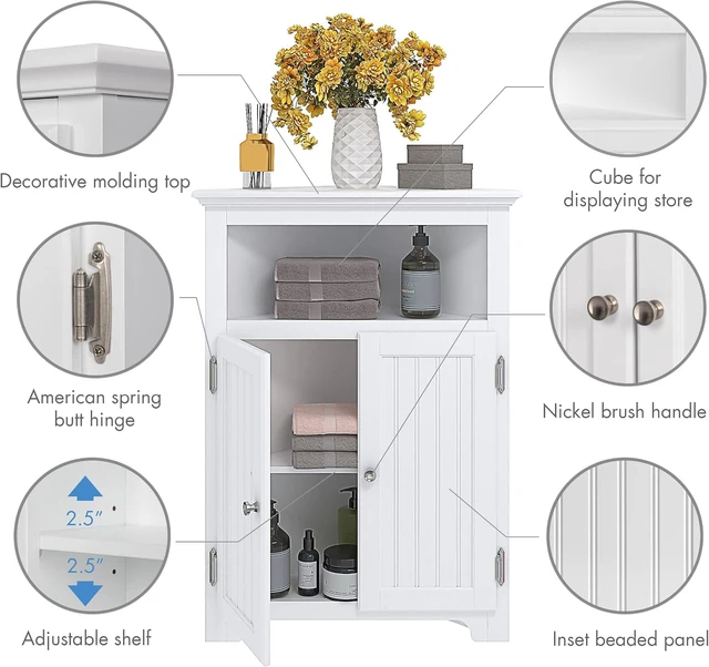Alt view image 4 of 6 - White Triangular Corner Storage Cabinet, Freestanding Wooden Organizer with Adjustable Shelf, Double Doors and Open Shelf, Space-Saving Cabinet for Bathroom Kitchen Living Room Laundry Small Spaces