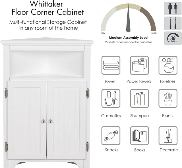 Alt view image 5 of 6 - White Triangular Corner Storage Cabinet, Freestanding Wooden Organizer with Adjustable Shelf, Double Doors and Open Shelf, Space-Saving Cabinet for Bathroom Kitchen Living Room Laundry Small Spaces