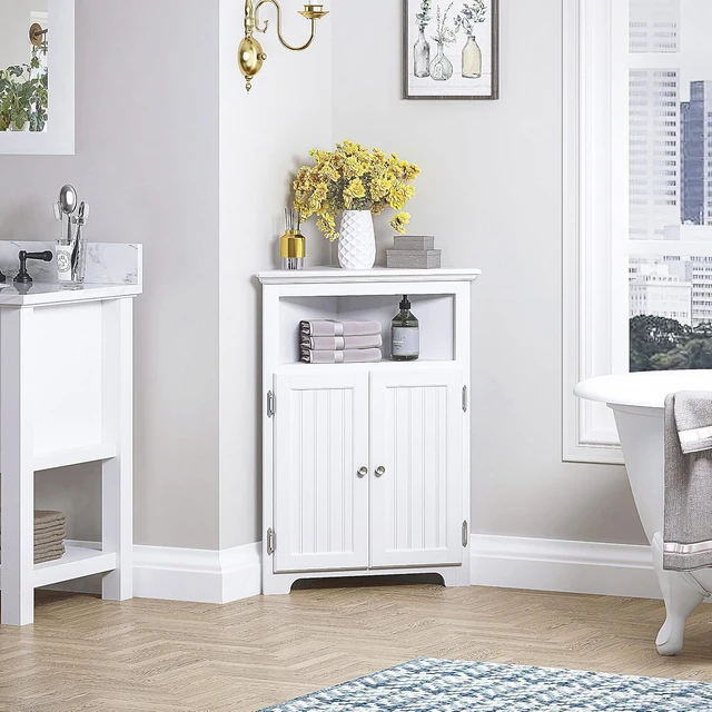 Alt view image 6 of 6 - White Triangular Corner Storage Cabinet, Freestanding Wooden Organizer with Adjustable Shelf, Double Doors and Open Shelf, Space-Saving Cabinet for Bathroom Kitchen Living Room Laundry Small Spaces