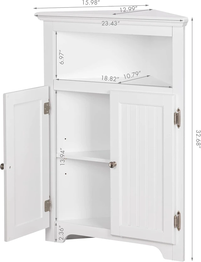 Alt view image 2 of 6 - White Triangular Corner Storage Cabinet, Freestanding Wooden Organizer with Adjustable Shelf, Double Doors and Open Shelf, Space-Saving Cabinet for Bathroom Kitchen Living Room Laundry Small Spaces