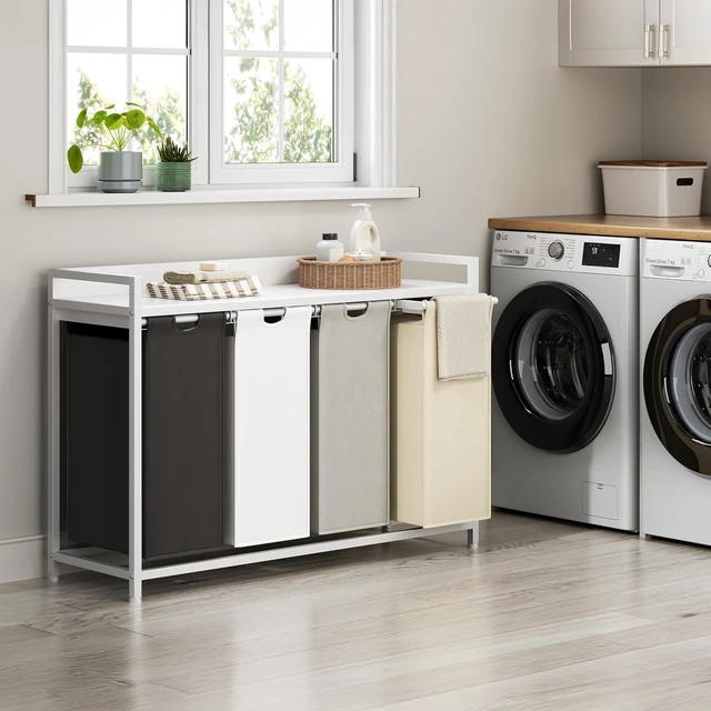 Alt view image 2 of 7 - 4-Section Rolling Laundry Sorter with Top Shelf, Metal Frame Laundry Hamper, 4 x 60L Waterproof Removable Pull Out Bags, Mobile Garment Basket Organizer for Laundry Room Bathroom Bedroom
