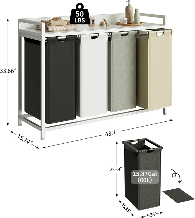 Alt view image 4 of 7 - 4-Section Rolling Laundry Sorter with Top Shelf, Metal Frame Laundry Hamper, 4 x 60L Waterproof Removable Pull Out Bags, Mobile Garment Basket Organizer for Laundry Room Bathroom Bedroom
