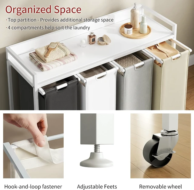 Alt view image 3 of 7 - 4-Section Rolling Laundry Sorter with Top Shelf, Metal Frame Laundry Hamper, 4 x 60L Waterproof Removable Pull Out Bags, Mobile Garment Basket Organizer for Laundry Room Bathroom Bedroom