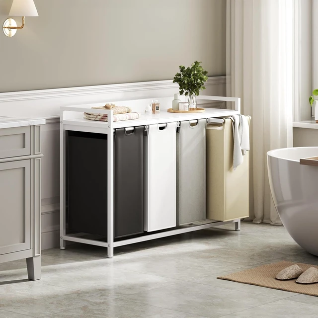 Alt view image 6 of 7 - 4-Section Rolling Laundry Sorter with Top Shelf, Metal Frame Laundry Hamper, 4 x 60L Waterproof Removable Pull Out Bags, Mobile Garment Basket Organizer for Laundry Room Bathroom Bedroom