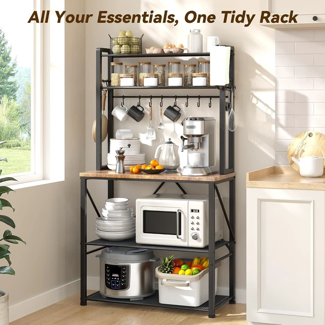 Alt view image 2 of 7 - 5-Tier Kitchen Bakers Rack with Storage, 25.6 Inch Multi-Functional Microwave Stand, Rustic Brown Kitchen Appliance Shelf Organizer with 12 S-Hooks and Paper Towel Holder for Home Kitchen Coffee Bar