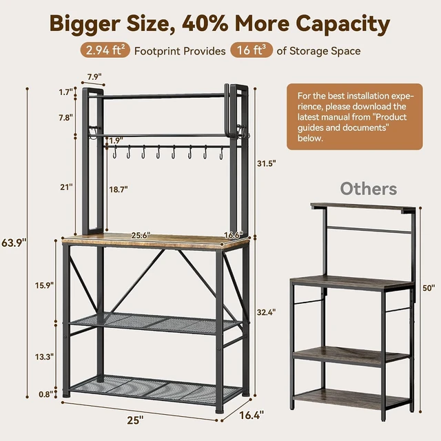 Alt view image 3 of 7 - 5-Tier Kitchen Bakers Rack with Storage, 25.6 Inch Multi-Functional Microwave Stand, Rustic Brown Kitchen Appliance Shelf Organizer with 12 S-Hooks and Paper Towel Holder for Home Kitchen Coffee Bar
