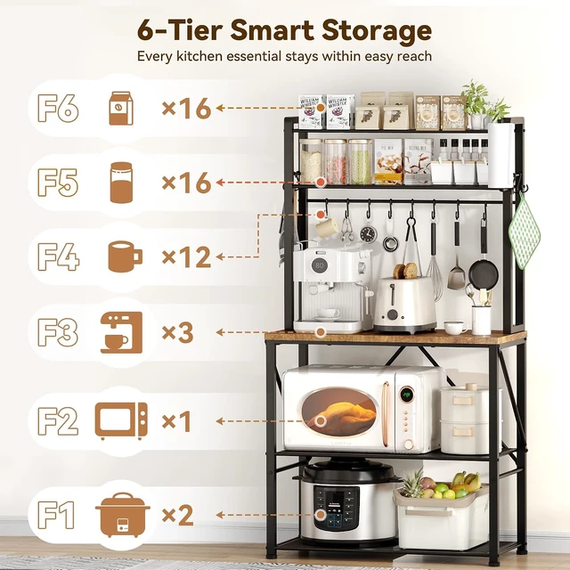 Alt view image 4 of 7 - 5-Tier Kitchen Bakers Rack with Storage, 25.6 Inch Multi-Functional Microwave Stand, Rustic Brown Kitchen Appliance Shelf Organizer with 12 S-Hooks and Paper Towel Holder for Home Kitchen Coffee Bar