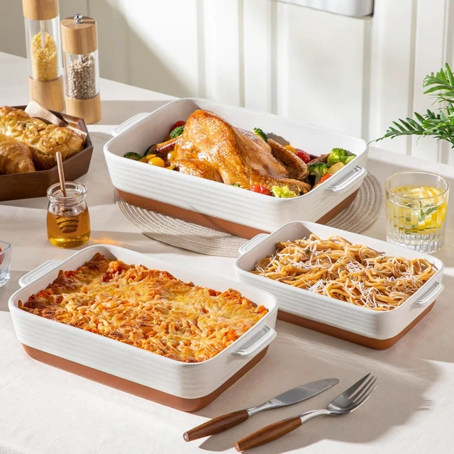 Alt view image 5 of 7 - 3-Piece Ceramic Baking Dish Set, Rectangular Stackable Casserole Dishes with Dual Handles, Heat Resistant Bakeware, Non-Toxic Scratch Resistant Lasagna Pans for Oven Microwave Refrigerator