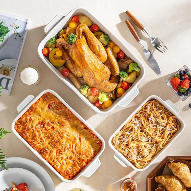 Alt view image 6 of 7 - 3-Piece Ceramic Baking Dish Set, Rectangular Stackable Casserole Dishes with Dual Handles, Heat Resistant Bakeware, Non-Toxic Scratch Resistant Lasagna Pans for Oven Microwave Refrigerator