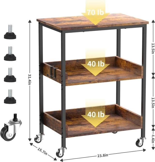Alt view image 2 of 6 - 3-Tier Rolling Microwave Cart, Metal Frame Storage Cart with Wooden Shelves, Lockable Casters and Side Hooks, Multifunctional Mobile Utility Stand for Home Kitchen Living Room