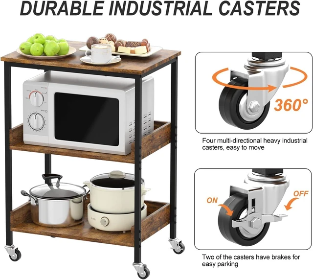 Alt view image 3 of 6 - 3-Tier Rolling Microwave Cart, Metal Frame Storage Cart with Wooden Shelves, Lockable Casters and Side Hooks, Multifunctional Mobile Utility Stand for Home Kitchen Living Room