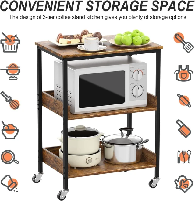 Alt view image 4 of 6 - 3-Tier Rolling Microwave Cart, Metal Frame Storage Cart with Wooden Shelves, Lockable Casters and Side Hooks, Multifunctional Mobile Utility Stand for Home Kitchen Living Room