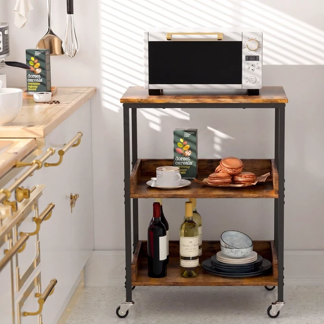 Alt view image 5 of 6 - 3-Tier Rolling Microwave Cart, Metal Frame Storage Cart with Wooden Shelves, Lockable Casters and Side Hooks, Multifunctional Mobile Utility Stand for Home Kitchen Living Room