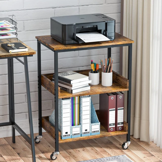 Alt view image 6 of 6 - 3-Tier Rolling Microwave Cart, Metal Frame Storage Cart with Wooden Shelves, Lockable Casters and Side Hooks, Multifunctional Mobile Utility Stand for Home Kitchen Living Room