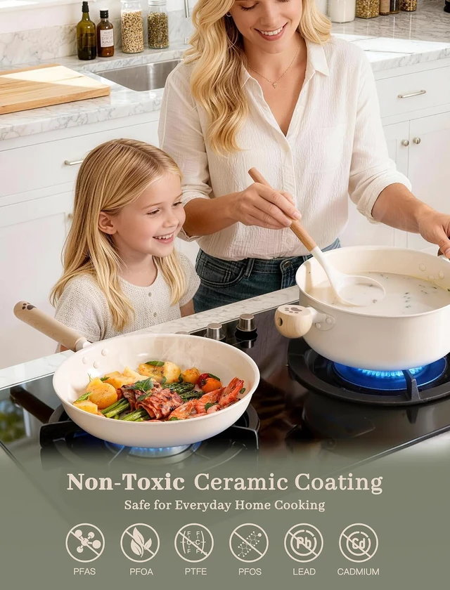 Alt view image 3 of 7 - 18-Piece Ceramic Non Stick Pots and Pans Set, Non-Toxic PFAS PFOA Free Cookware, Even Heat Distribution Stackable Kitchenware, Dishwasher Safe Universal Cooking Pans for All Stovetops
