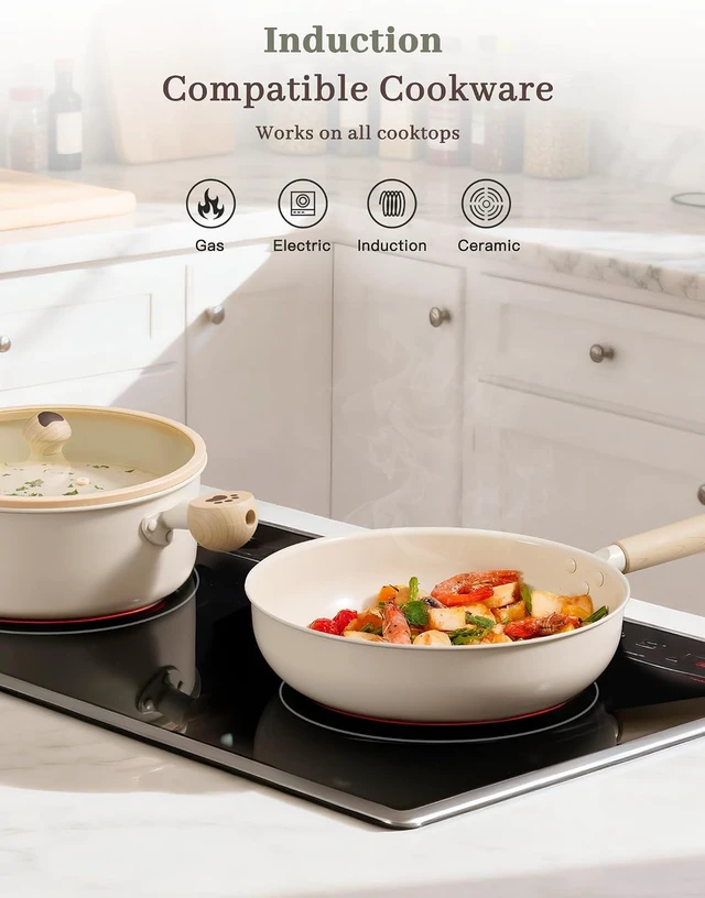 Alt view image 4 of 7 - 18-Piece Ceramic Non Stick Pots and Pans Set, Non-Toxic PFAS PFOA Free Cookware, Even Heat Distribution Stackable Kitchenware, Dishwasher Safe Universal Cooking Pans for All Stovetops