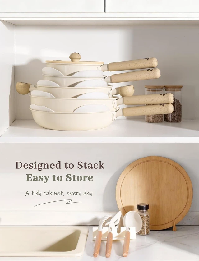 Alt view image 7 of 7 - 18-Piece Ceramic Non Stick Pots and Pans Set, Non-Toxic PFAS PFOA Free Cookware, Even Heat Distribution Stackable Kitchenware, Dishwasher Safe Universal Cooking Pans for All Stovetops